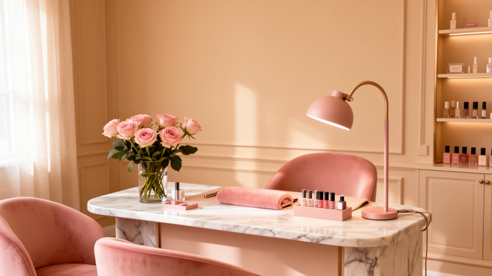 JON Nagelstudio Innenraum mit Marmortisch und Rosen